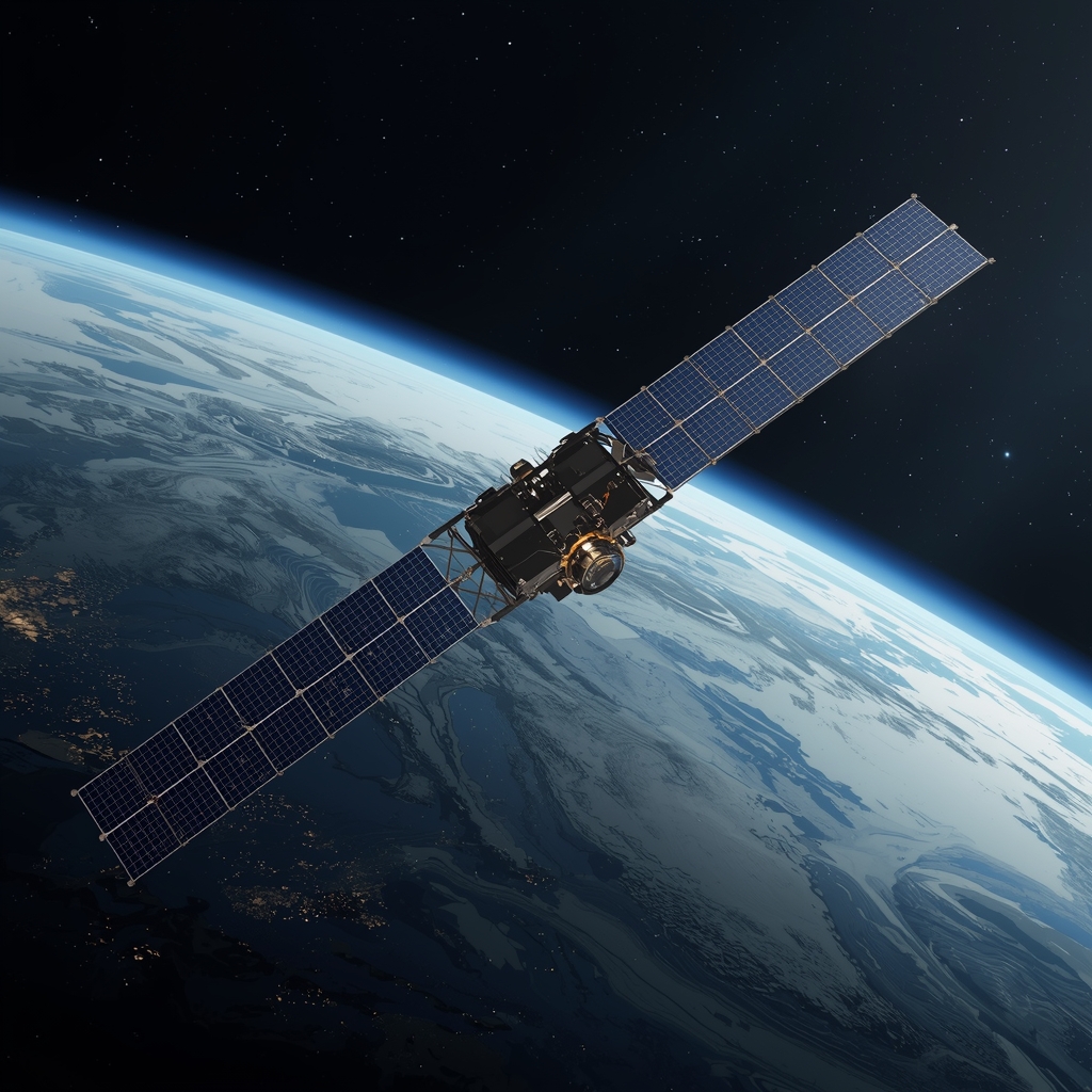 High-tech satellite deploying solar panels in deep space orbit around a blue planet, digital art style, photorealistic